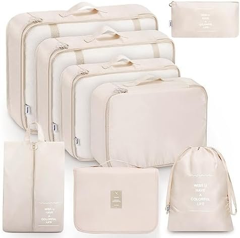 Packing Cubes, 8-delige set, kledingtassen, koffer-organizer voor vakantie en reizen, set pakkubussen, opbergsysteem voor koffer, beige