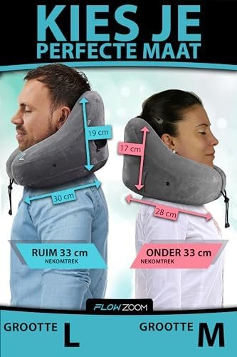 FLOWZOOM AIR Opblaasbaar nekkussen - reiskussen met capuchon en oordopjes voor volwassenen - Snel opblaasbaar Travel pillow voor vliegtuig - Verstelbaar nekkussen met 5 slaapstanden - Grijs, Maat L - Image 5