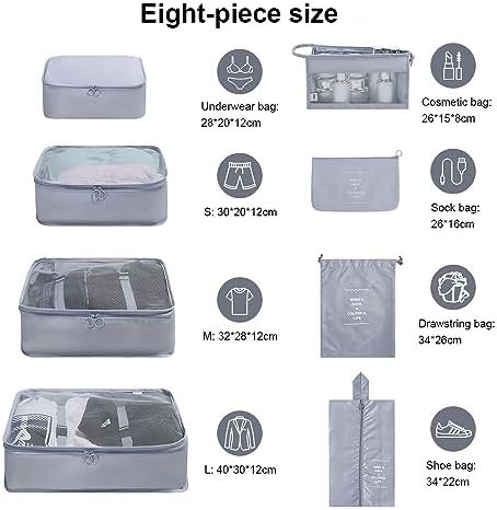 OSDUE Inpakkubussen, 8 stuks reisorganizer, inpaktassen, reisbagage, inpakorganizers, waterdichte reisbenodigdheden, tas voor kleding, schoenen, cosmetica, toiletartikelen, opbergzakken (grijs) - Image 2