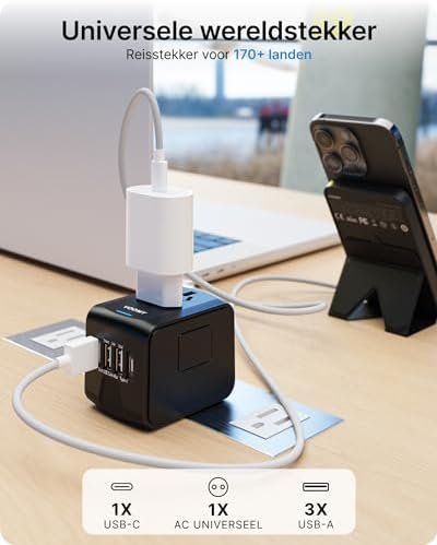 VOOMY Universele Wereldstekker, Reisstekker Wereld voor 170+ landen, Reisadapter Wereldwijd voor USA Europa Australië UK, Internationale Reisadapter met 3 USB-A en 1 USB-C poort - Image 2