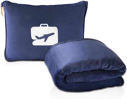 EverSnug Reisdeken en kussen - premium zachte 2-in-1 vliegtuigdeken met zachte tas kussensloop, handbagage riem en rugzakclip, Donkerblauw, Eén maat, Modern