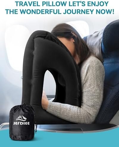 JEFDIEE Opblaasbaar Reiskussen, Vliegtuignekkussen Ondersteunt Comfortabel Hoofd en Kin voor Vliegtuigen, Auto's en Kantoordutjes met 3D-oogmasker, Oordopjes en Draagbare Tas met Koord (Zwart) - Image 8