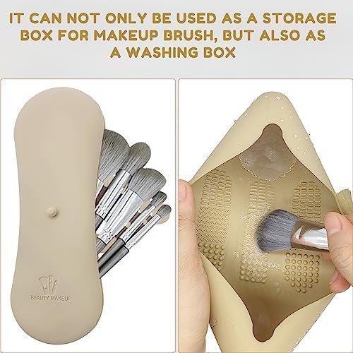 XIXKOLYU® Draagbare opbergtas voor make-upkwasten van siliconen, met zijdelingse gesp, waterdichte organizer voor reizen, opbergdoos voor make-up (kaki) - Image 4