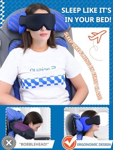 SARISUN Reiskussen voor vliegtuig, Nekkussen voor slaapreizen met oogmasker, Vliegtuigkussen voor lange vluchten, kinderreiskussens voor auto, road trip autohoofdsteun, stop Bobblehead, Zwart - Image 2