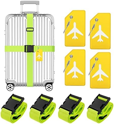 Raynesys 4 Pack Luggage Straps Luggage Tags Set, Adjustable 70.87 inch Suitcase Belts, Silicone Suitcase Tag with Name ID Cards, Travel Accessories for Men Women, Green