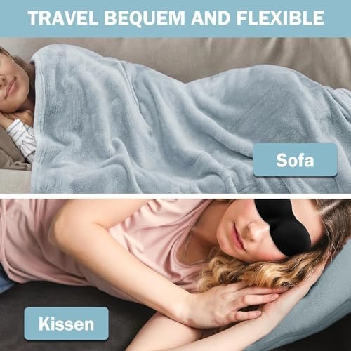 Bocguy Reisdeken voor vliegtuig, ultralicht, warm, kussendeken 2-in-1, reisdeken met slaapmasker en oordopjes, draagbare reisdeken voor kamperen, zakenreizen (lichtblauw) - Image 4