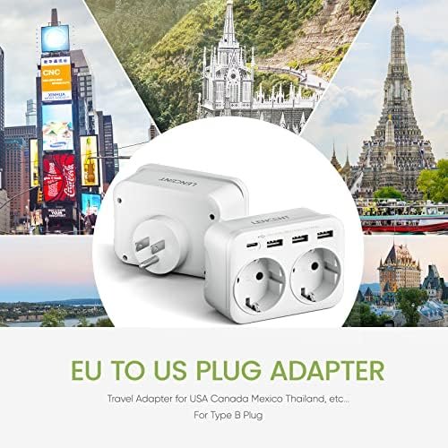 LENCENT NL/EU naar VS Reisadapter, Type B Travel Adapter Reisstekker met 3 USB-A en 1 USB-C, EU Schuko 2-pins naar 3-pins USA voor Amerikaans Mexico Japan Colombia Thailand Dominicaans Travel Socket - Image 2