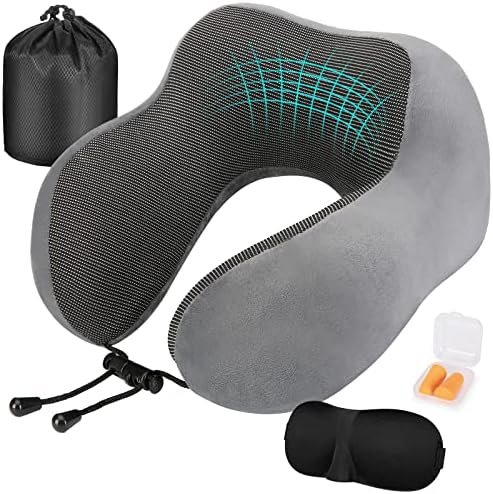 Eono Nekkussen voor Vliegtuig, Travel Pillow, Memory Foam Reis Nekkussen voor Volwassenen, Verstelbaar & Compact Vlucht Kussen, Ergonomisch Nekkussen, Met Oordopjes, Oogmasker & Draagtas