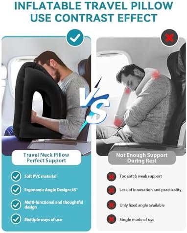JEFDIEE Opblaasbaar Reiskussen, Vliegtuignekkussen Ondersteunt Comfortabel Hoofd en Kin voor Vliegtuigen, Auto's en Kantoordutjes met 3D-oogmasker, Oordopjes en Draagbare Tas met Koord (Zwart) - Image 5