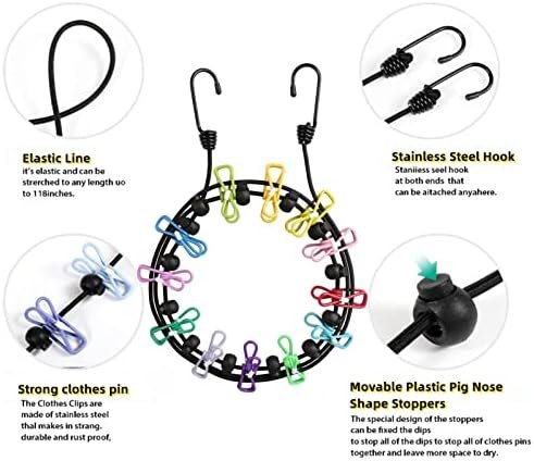 PAIDASHU Draagbare waslijn, intrekbare waslijn voor reizen, kledinglijn met 12 kledingclips, voor binnen wasdrooglijn, outdoor camping accessoires (kleurrijk) - Image 6