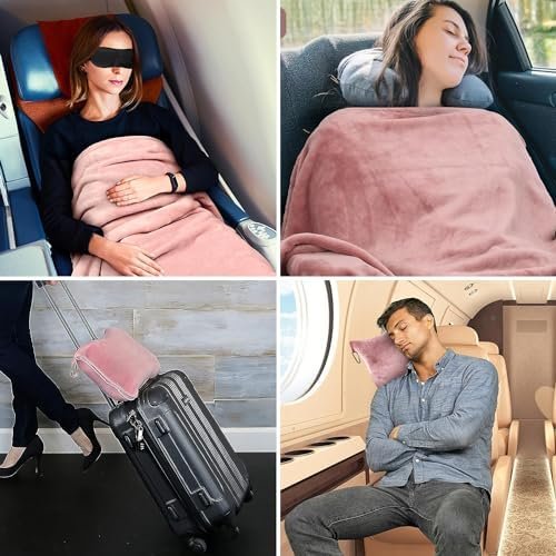Reisdeken vliegtuig, 2-in-1, reisdeken, ultralicht, warm, reis-gadgets met slaapmasker en oordopjes, draagbaar transformeringskussen voor vakantie, kantoor, thuis, zakenreizen, lichtroze - Image 4