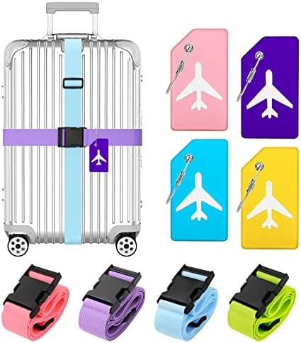 Raynesys 4 Pack Luggage Straps Luggage Tags Set, Adjustable 70.87 inch Suitcase Belts, Silicone Suitcase Tag with Name ID Cards, Travel Accessories for Men Women, Pink+Purple+Blue+Green