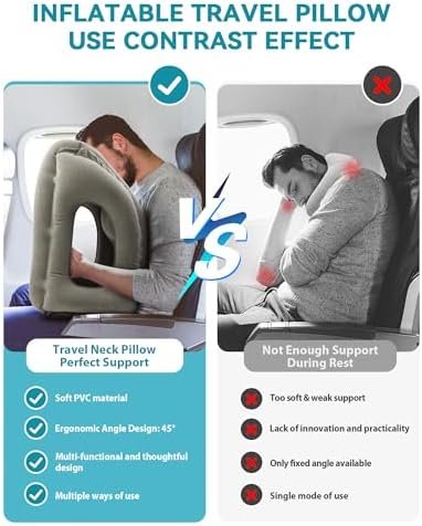 JEFDIEE Opblaasbaar Reiskussen, Vliegtuignekkussen Ondersteunt Comfortabel Hoofd en Kin voor Vliegtuigen, Auto's en Kantoordutjes met 3D-oogmasker, Oordopjes en Draagbare Tas met Koord (Grijs) - Image 5
