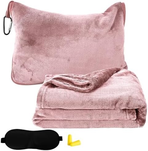 Reisdeken vliegtuig, 2-in-1, reisdeken, ultralicht, warm, reis-gadgets met slaapmasker en oordopjes, draagbaar transformeringskussen voor vakantie, kantoor, thuis, zakenreizen, lichtroze