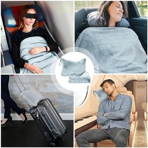 Bocguy Reisdeken voor vliegtuig, ultralicht, warm, kussendeken 2-in-1, reisdeken met slaapmasker en oordopjes, draagbare reisdeken voor kamperen, zakenreizen (lichtblauw) - Image 6