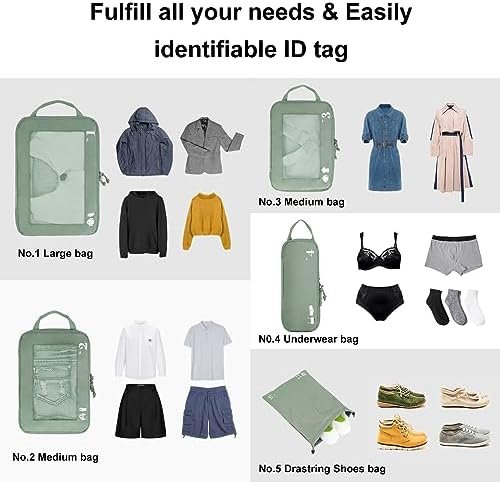 ECOHUB 5 Set Compressie Verpakking Kubussen voor Koffers Organizer Tassen Reisaccessoires met Schoenen Tas Scheurbestendige Reiskubussen met ID-tag Uitbreidbare Verpakkingstassen (Groen) - Image 8