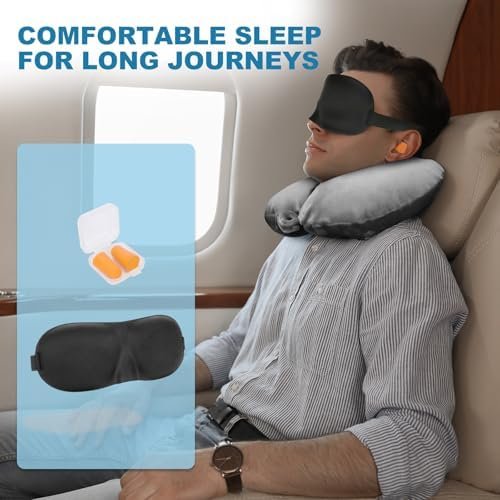 Cirorld Opblaasbaar Reiskussen voor Vliegtuig, Neksteunkussen voor Reizen, Reiskussen voor Volwassenen, Verstelbaar & Compact Vluchtkussen, Ergonomische Neksteun, Met Oordopjes, Oogmasker, Draagtas - Image 7