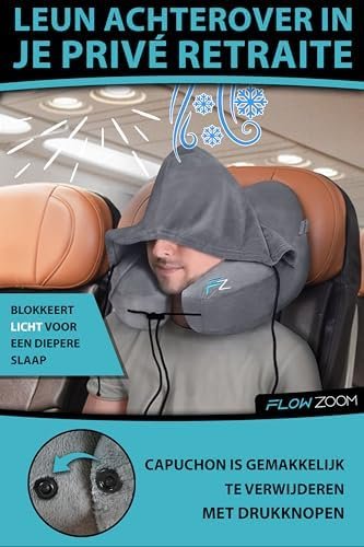 FLOWZOOM AIR Opblaasbaar nekkussen - reiskussen met capuchon en oordopjes voor volwassenen - Snel opblaasbaar Travel pillow voor vliegtuig - Verstelbaar nekkussen met 5 slaapstanden - Grijs, Maat L - Image 7