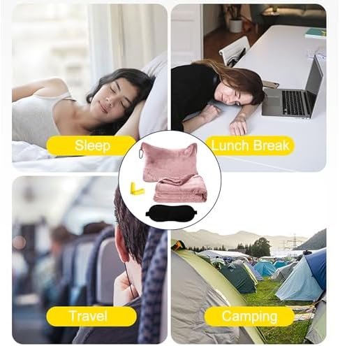 Reisdeken vliegtuig, 2-in-1, reisdeken, ultralicht, warm, reis-gadgets met slaapmasker en oordopjes, draagbaar transformeringskussen voor vakantie, kantoor, thuis, zakenreizen, lichtroze - Image 7