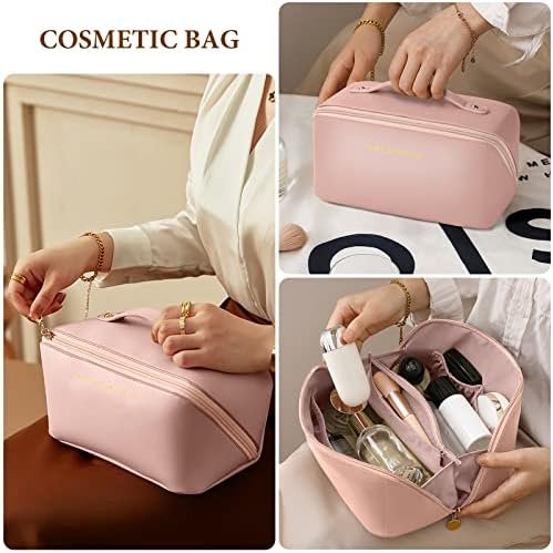 Aucuu Make-uptas voor op reis, PU-leer, draagbare make-uptas met grote inhoud, waterdicht, draagbaar, toilettas-organizer voor toiletartikelen, 31*21*3.6 CM - Image 5