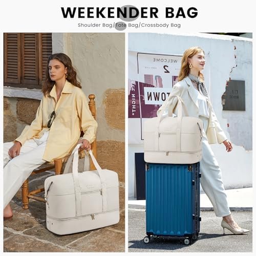 LOVEVOOK Weekender Reistas voor dames, sporttas, handbagage, tas, grote ziekentas, geboorte, reistas, duffle bag met toilettas, schoenenvak voor vliegtuig, reizen, beige - Image 2