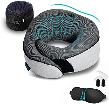 Proglobe orthopedisch nekkussen Reisnekkussens voor vliegtuigen, Memory Foam Kit, geüpdatet rustmateriaal, vliegtuigreisset met oogmaskers met 3D-contouren, oordopjes en luxe nettas (Grijs)