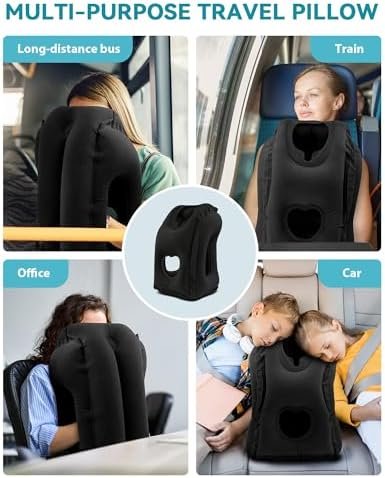 JEFDIEE Opblaasbaar Reiskussen, Vliegtuignekkussen Ondersteunt Comfortabel Hoofd en Kin voor Vliegtuigen, Auto's en Kantoordutjes met 3D-oogmasker, Oordopjes en Draagbare Tas met Koord (Zwart) - Image 7