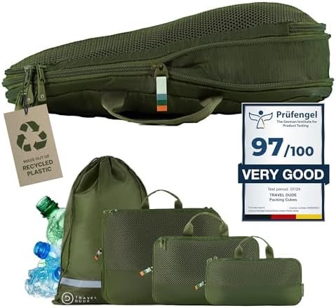 TRAVEL DUDE verpakkingstasjes met compressiezakken | gemaakt van plastic flessen | organisator voor tassen, koffers & rugzakken | reis organisator voor kleding & schoenen | Bosgroen, 4 delige set