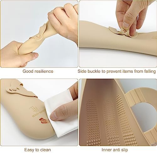 XIXKOLYU® Draagbare opbergtas voor make-upkwasten van siliconen, met zijdelingse gesp, waterdichte organizer voor reizen, opbergdoos voor make-up (kaki) - Image 3